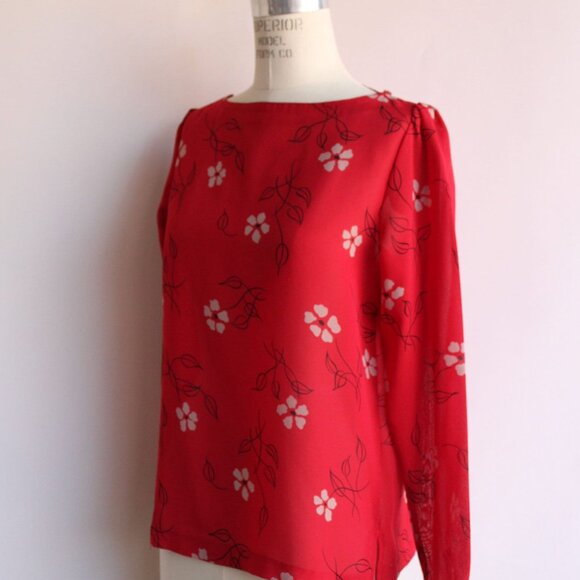 Vintage 1990s 2000s Blouse, Pant-her Red and White Floral Print Shirt Grandma - Picture 5 of 10